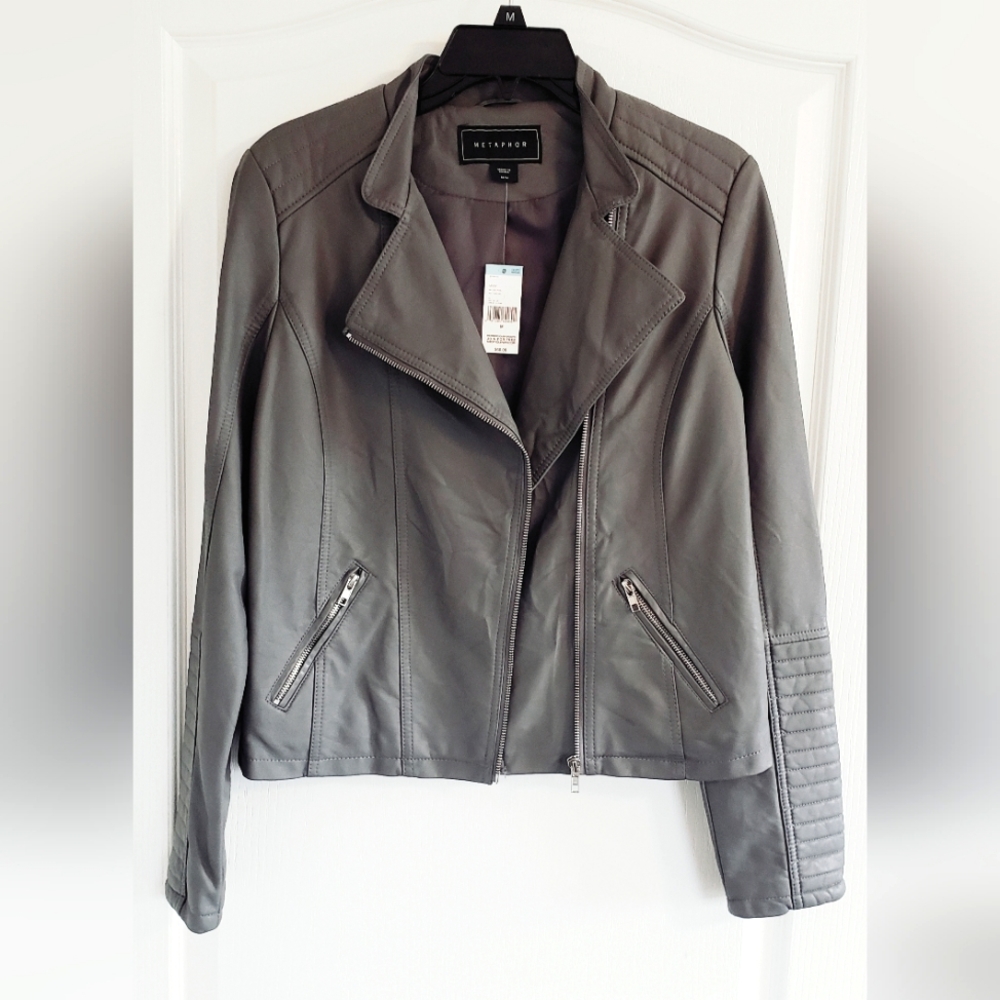 Brand New Faux Leather Jacket Metaphor Moto Biker Jacket pearl smoke Medium
